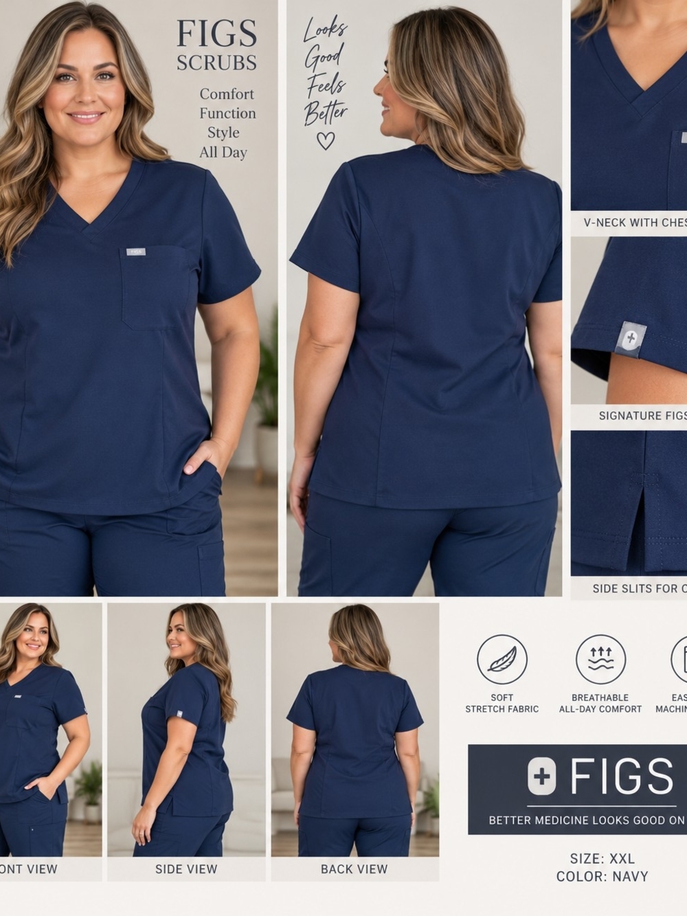 FIGS Women’s V-Neck Scrub Top - Navy XXL